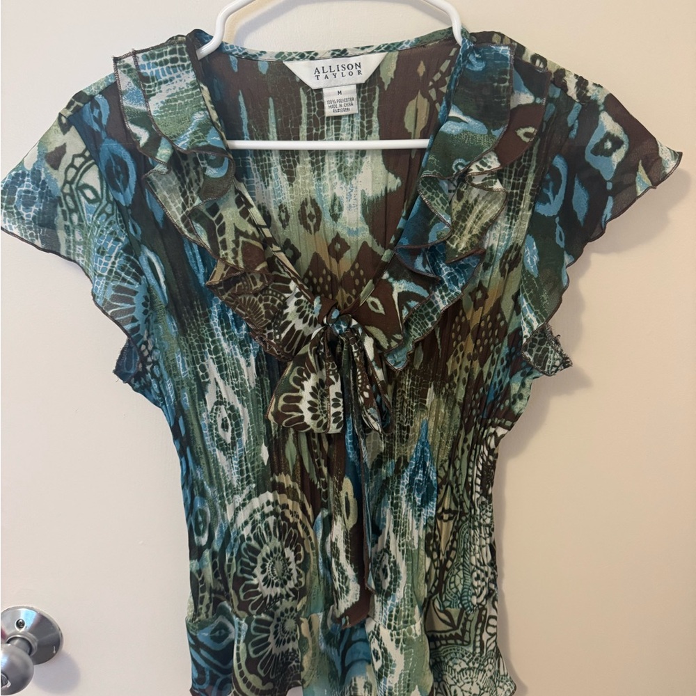 Allison Taylor Women's Blue and Brown Ruffle Blouse